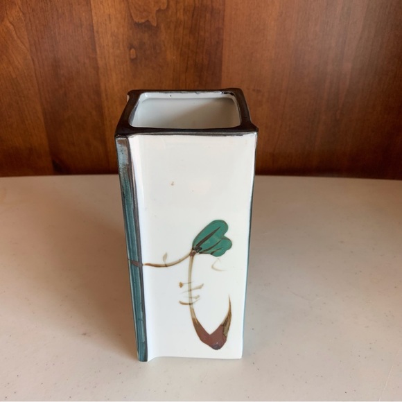 Vintage White Stone Square Vase Floral Pottery Japan - Picture 2 of 6